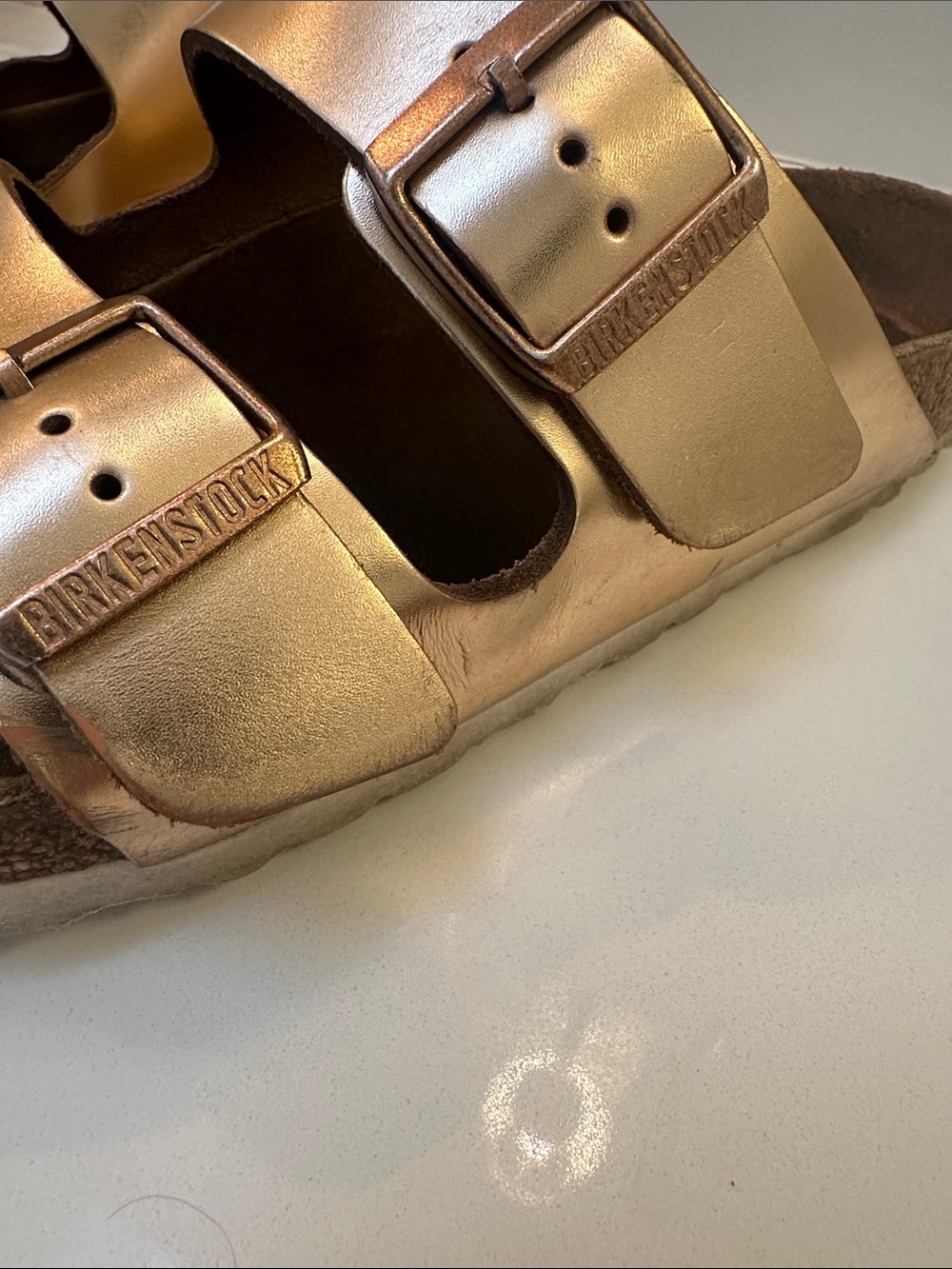 Metallic Gold Birkenstock Double-Buckle Slide Sandals - Picture 9 of 9